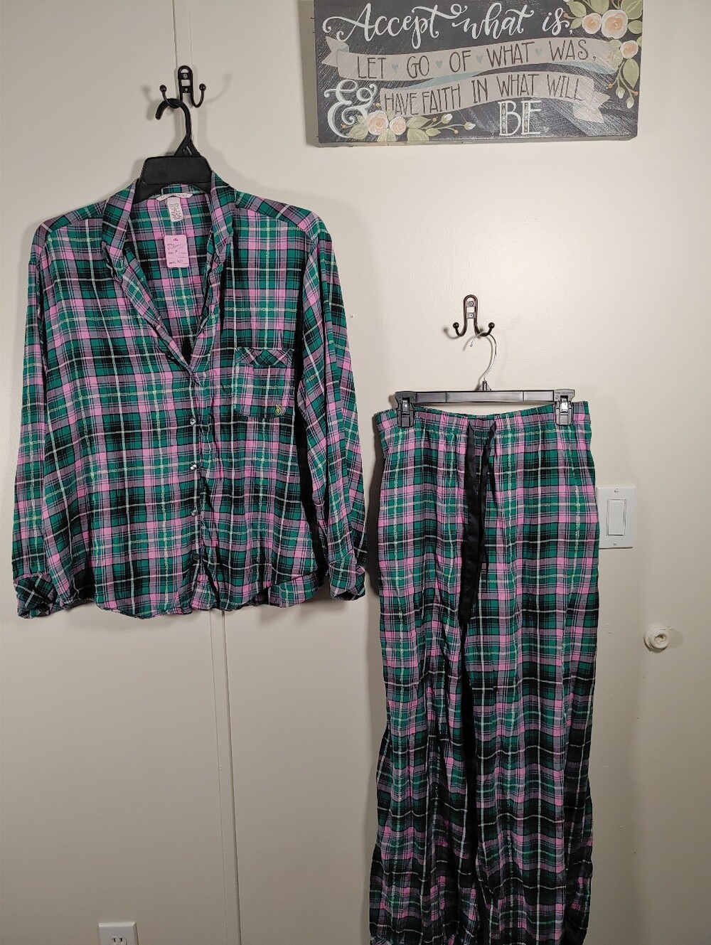 Victoria's Secret XXL Sexy Green & Pink Plaid Long Sleeve Pajama Set